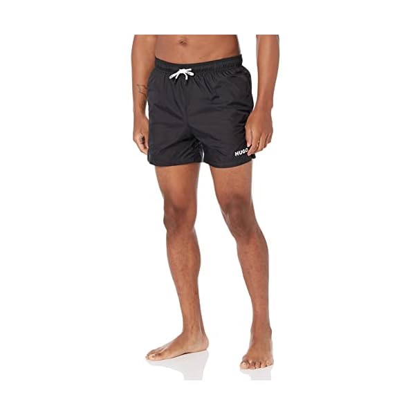 HUGO Men's Standard Small Logo Quick Dry Swim Trunks, Basic Black, Large
