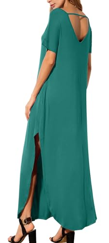 Image of GRECERELLE Women's Summer Maxi Dress Casual Loose V Neck Short Sleeve Side Split Long Dresses with Functional Pockets