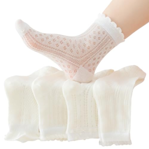 5 Pairs Girl's White Summer Thin Cotton Mesh Crew Socks with Ruffle Trim, Princess Ankle Socks for School Daily