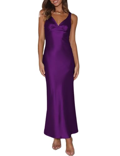 Image of VUBIYA Women's Summer Satin V Neck Backless Maxi Dress Wedding Guest
