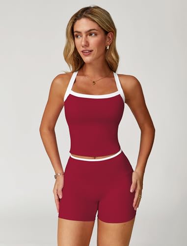 Image of ABOCIW 2 Pieces Workout Sets for Women, Cross Back Tank Top Matching High Waist Biker Shorts, Gym Yoga Pilates Outfits