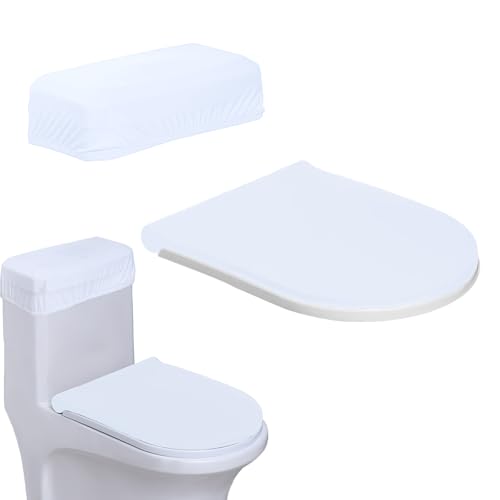 Toilet Lid Cover and Toilet Tank Cover,Elastic Edges, Soft Bathroom Covers for Standard Oblong Round Elongated Bath Room Bowl Lids, Washable (White)