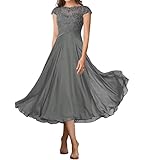 Women's Steel Grey Mother of The Groom Dresses for Summer Wedding Lace Applique Tea Length Cocktail