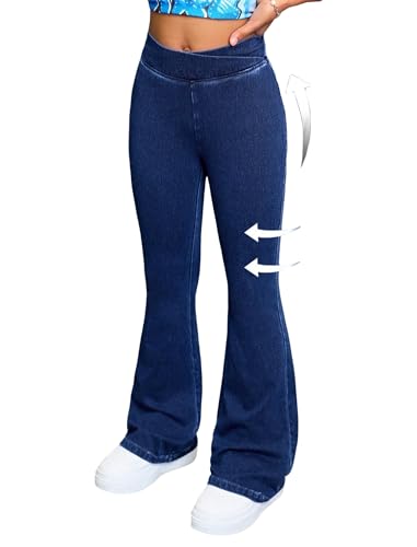 Girls Stretch Flare Jeans 8-12Y Crossover Waist Denim Pants Exercise Basics Slim Casual Streetwear