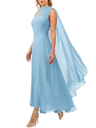 Image of Aisbei Women's Elegant One Shoulder A Line Flowy Maxi Dress Evening Gowns Party Formal Wedding Guest Dresses with Cape