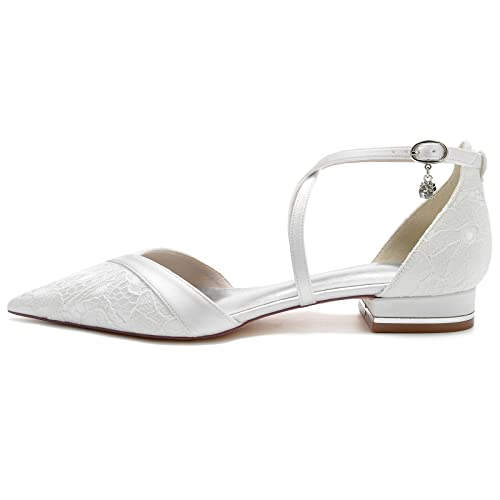 Women's Pointed Toe Lace Wedding Flats for Bride Comfortable Strappy Wedding Shoes Low Heels Cross Strap Bridal Flats Evening Prom Party Dress Shoes Pumps2