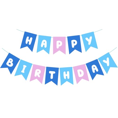 Image of ZHENGYE Blue Pink Happy Birthday Banner - Blue Theme Party Sign for Kids & Girls Birthday Decorations