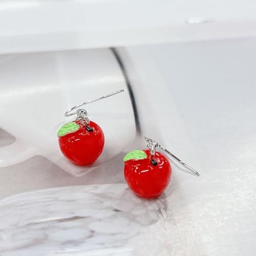 Cute Red Apple Dangle Hook Earrings for Women Funny Handmade 3D Simulation Food Dangling Lightweight Resin Adorrable Green Leaf Fruit Drop Earring Charm Hypoallergenic Jewelry Daughter BFF Birthday Gifts2