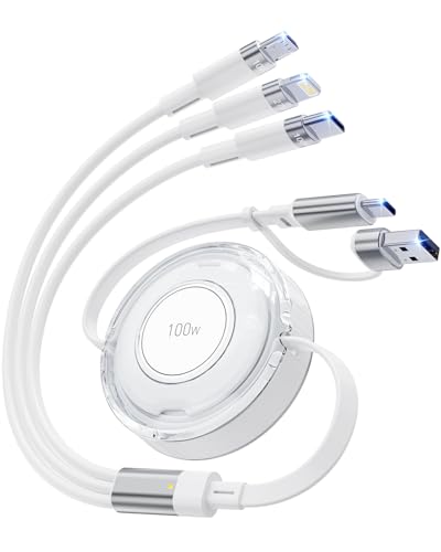 Ulyuhoda 100W 5-in-1 Retractable Multi Charging Cable, Retractable USB C and Light-ning Fast Charging Cables for Multiple Devices Compatible with iPhones,...