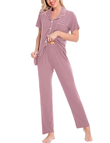 Image of SWOMOG Women Pajama Sets Two-Piece Nightwear Short Sleeve Sleepwear Button Down Pj Lounge Sets with Long Pants