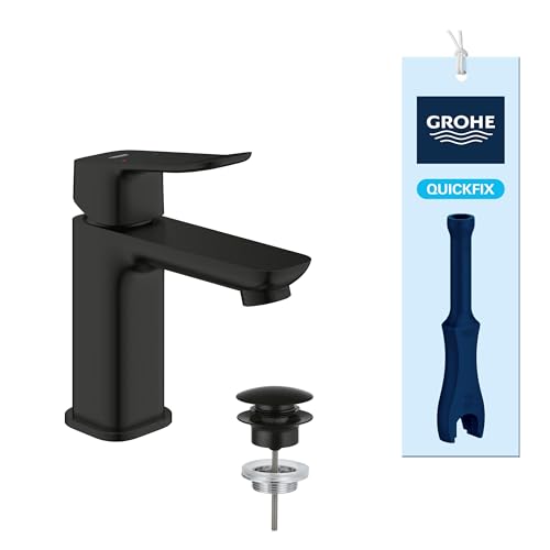 GROHE Dice Waschtischarmatur wassersparend (Wasserhahn für das Bad Badarmatur mit Push-Open Ablauf 15cm hoch mit 3in1 Werkzeug einfache Installation am Waschbecken) mattschwarz 1018572430
