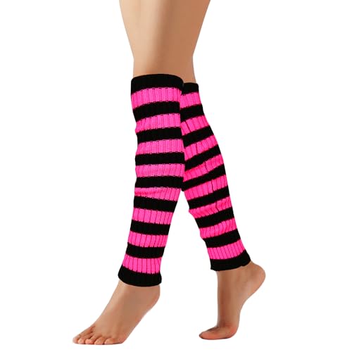 Image of Benefeet Striped Leg Warmers for Women & Girls - Ribbed Knit Soft Colorful Long Warmers for 80s 90s Dance Party