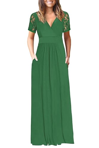 Image of AUSELILY Maxi Dresses for Women Summer Lace Short Sleeve V Neck Wrap Dress | Lace Short Sleeve, Two Pockets, V-Neck Wrap Waist Long Dress