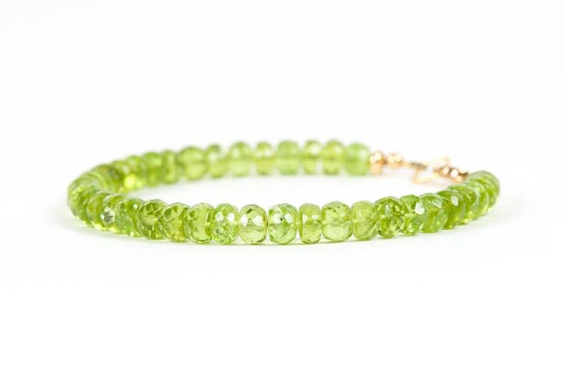 LKBEADS Peridot Bracelet rondelle faceted 7inch Sterling Silver Stacking Beaded Bracelet, Simple Layering, Dainty Gemstone Bracelet, Fine Jewelry, Minimalist,