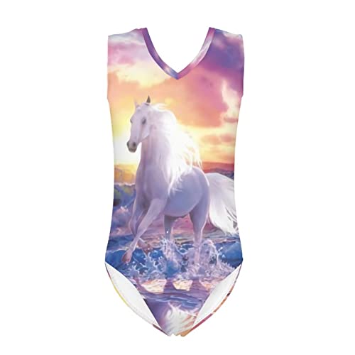 Belidome Mädchen Badeanzüge, Einteiler, für Spa, Schwimmen, Kinder, ärmellos, Gymnastikanzug, Alter 3-14 Jahre, Pferd Sonnenuntergang, 13-14 Jahre Cover