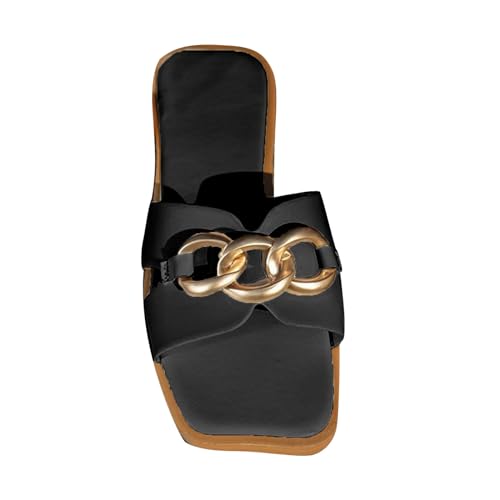 Women's Metal Loop Embellished Slipper Square Neck Slip on Sandals Rubber Sole Durable Slide Trendy Business Sandal