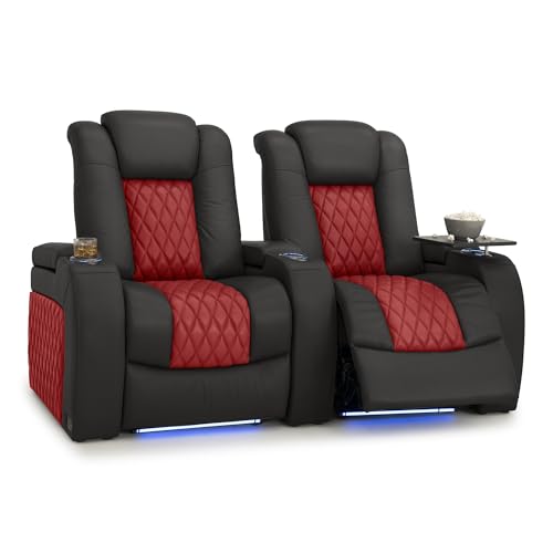 Image of Seatcraft Diamante Black /Red Italian Leather Home Theater Seating, Zero Gravity Power Recliner, Gaming and Home Office Chair, Powered Headrest Furniture for Family Cinema Room, Row of 2
