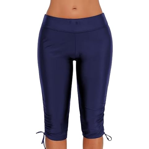 Ocean Plus Women's UV Protection Black Knee-Length Swim Shorts 3/4 Leg Bikini Bottom Trunks Plus Size Swim Leggings Beachwear , Bow tie Navy Blue) Cover