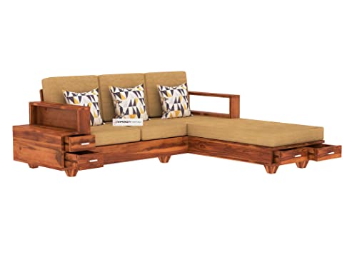 Image of Solid Sheesham Wood L Shape 5 Seater Sofa Set for Living Room, Wooden 5 Seater L Shape Sofa Set with Cushions (L Shape, Honey Finish)