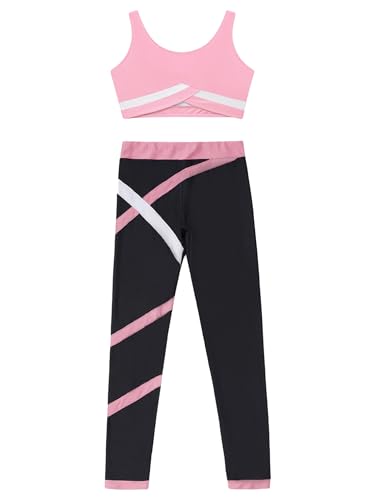 Kids Girl 2 Piece Outfits Sleeveless Sports Tank Top with Striped Leggings Gymnastics Summer Athletic Tracksuit3