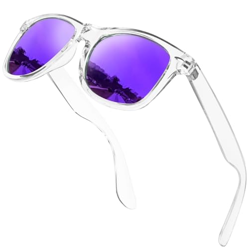 KANASTAL Lunettes de Soleil Polarisées Homme et Femme Mode Lunette de Soleil Miroir Violet Monture Transparente Légère et Unique UV400