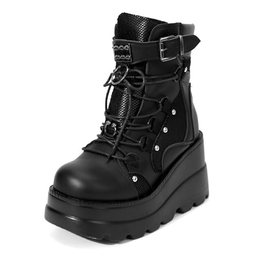 Women Wedge Ankle Boots Lace-Up Zip Round Toe High Heels Goth Combat Booties Chunky Heel Platform Motorcycle Boots