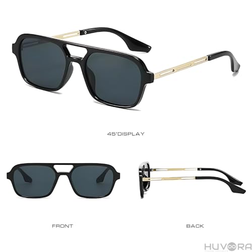 Image of Retro Flat Square 70's Aviator Double Bridge Metal Sunglasses for Men Women | Anti Blue UV Protection Zero Power Stylish Computer Night Driving Glasses | Trendy Branded Goggles