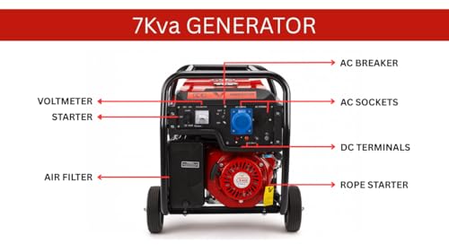 Image of Petrol Generator, 5kW Power Output, 25L Fuel Tank, Heavy Duty Steel Construction with Wheels, Red and Black, Petrol Powered, VV6500 (5.0, Kilowatts)