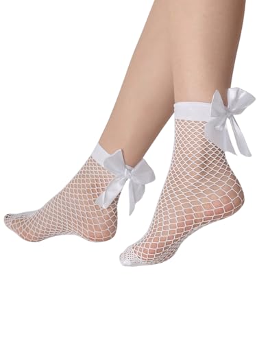SHENHE Women's Fishnet Sheer Socks Ribbed Bow Hollow Out Above Ankle Socks