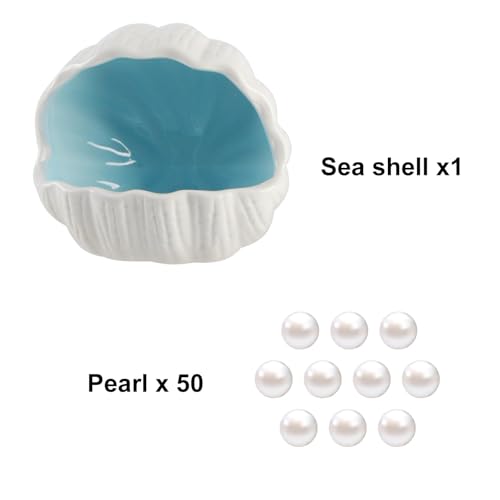 Image of Ceramic Shell Cave with 50 Pearls - Betta Fish & Shrimp Tank Decorative Hideout(Blue + 50PCS Pearl)