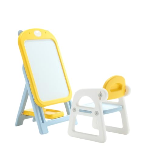 お絵描きボード 子供用 チェア付き 高さ調節可能 折りたたみ式 豊富なアクセサリ イーゼル 大きい 無臭無毒 HDPE製 描画と消去が簡単 ホワイトボード 収納トレイ付き 軽量 知育玩具 子供 おえかきボード 落書き 磁気筆書板 製図板 (黄色いクマ,製図