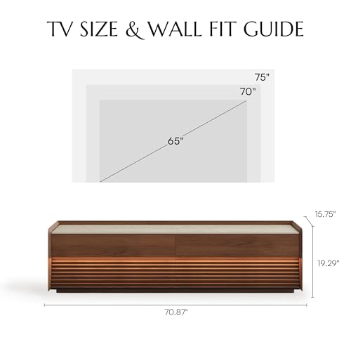 Image of POVISON Fully-Assembled Mid Century Matte Sintered Stone TV Stand, 70.87 inch Wood Media Console with Adjustable LED Light, Entertainment Center with Storage for Living Room