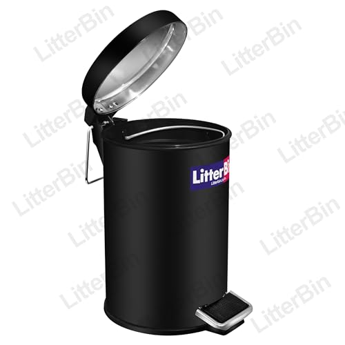 Image of LITTERBIN Stainless Steel Pedal Dustbin with Lid | Small Compact Space Saver SS Trash Can for Office, Home, Kitchen, Room, washroom, bathroom (Black 5 Liter)