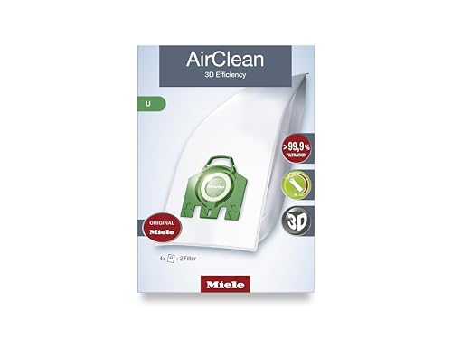 Miele Original AirClean 3D Efficiency U Vacuum Cleaner Bags for Miele Dynamic U1 and S7 Models, Filters More Than 99.9% of Dust, Pack of 4 – 10123230