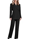 YILOTE Women's 2 Piece Double Breasted Blazer and Wide Leg Pants Pocket Business Casual Office Suit Black
