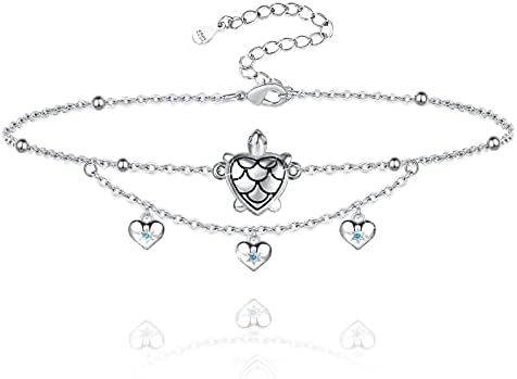 Sianilvera S925 Sterling Silver Foot Charm Jewelry Adjustable Anklet Link Bracelet Gift Double Layered Moon Star Ocean Animal Anklets for Women Girls (Sea Turtle with Heart)