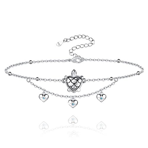 Sianilvera S925 Sterling Silver Foot Charm Jewelry Adjustable Anklet Link Bracelet Gift Double Layered Moon Star Ocean Animal Anklets For Women Girls (Sea Turtle With Heart) #TOP4