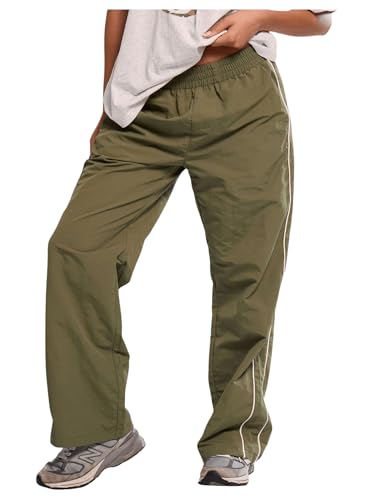 Women's Striped Straight Leg Pants Elastic Waist Casual Trousers with Pockets