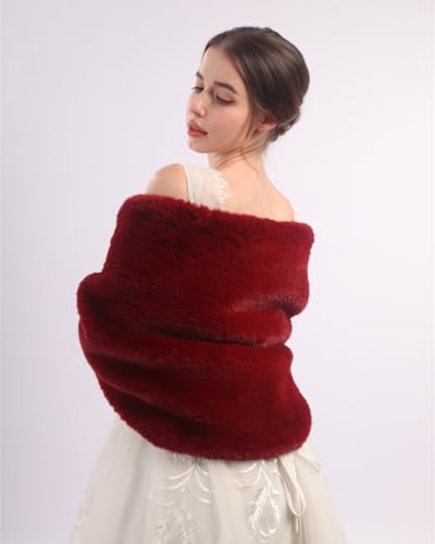 Aimimier Bridal Faux Fur Wrap Wedding Fur Stole with Brooch Evening Party Warm Shrug Cape for Women(Red)3