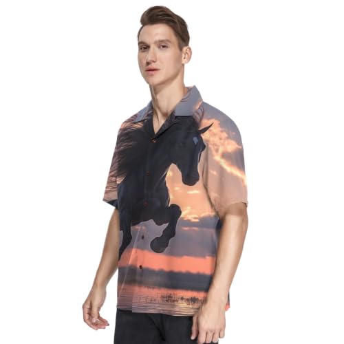 Chemise hawaïenne homme manche courte au motif dynamique de cheval noir funky casual