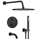 Gabrylly Thermostatic Shower System with Tub Spout, All Metal Bathtub Shower Faucets Set with Anti Scald Shower Valve, High Pressure 10' Rain Shower head with Handheld Spray Combo, Matte Black