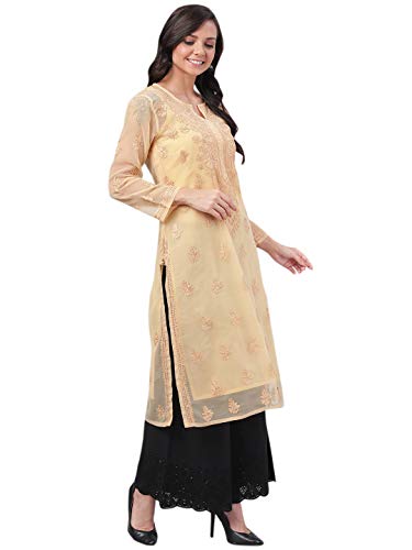 Ada Indian Hand Embroidered Chikankari Straight Georgette Kurti Kurta with Slip for Women A130702 (Fawn, 4XL) - Image 4