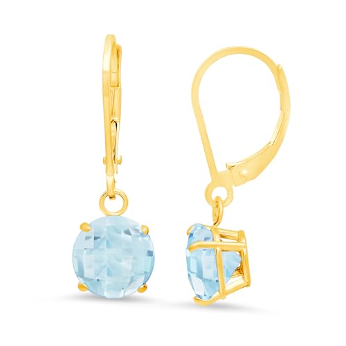 Amazon Collection 9k Yellow Gold Round Checkerboard Cut Aquamarine Leverback Earrings (8mm)