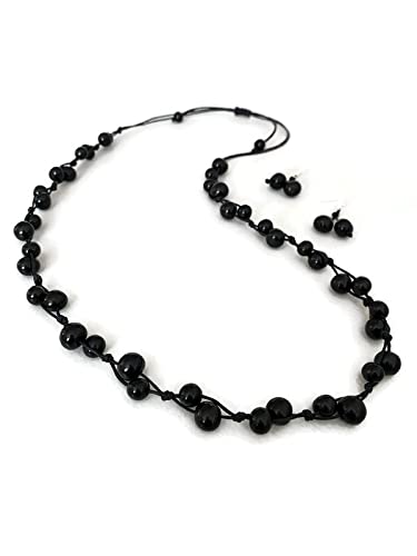 Tagua Nut NecklaceBlack Long Tagua Necklace and Earrings Set TAG515, Organic in Black, Vegetable Ivory Jewelry, 30 inches long adjustable to shorter Length, Tagua Nut Cotton