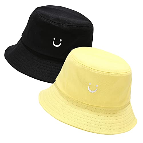 Umeepar 2 Pack Smiling Face Bucket Hat Cotton Fishing Hat Packable Foldable Beach Sun Hat for Womens Men (Black +Yellow)