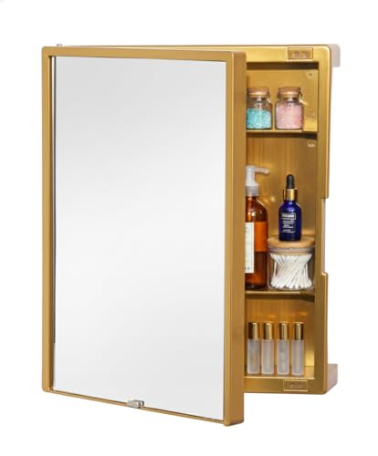 Image of CIPLA PLAST New Rich Look Bathroom Cabinet with Mirror | Storage Organiser | Strong Plastic Bathroom Shelves Wall Mounted | Bathroom Accessories| Mirror Cabinet (Metallic Gold) with Soap Dish