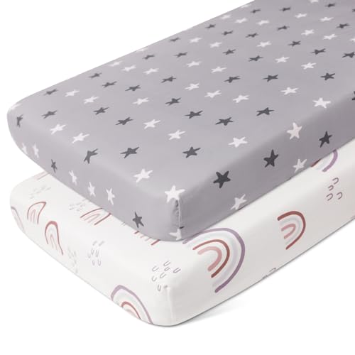 Image of Gllquen Baby Pack N Play Sheets Fitted for Pack and Play Mattress, Portable Mini Cribs Sheet, Ultra Soft Natural Fit Convertible Playard Mattress Sheets Cover for Boy Girls 38" x 26"(Star)