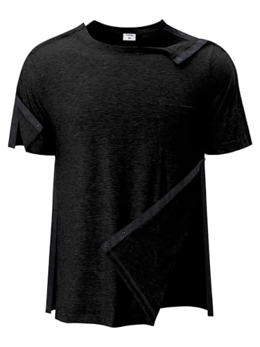 Image of Post Shoulder Surgery Shirts for Men Tear Away Recovery Short Sleeve Full Open Side Snap Chemo Adaptive Shirt