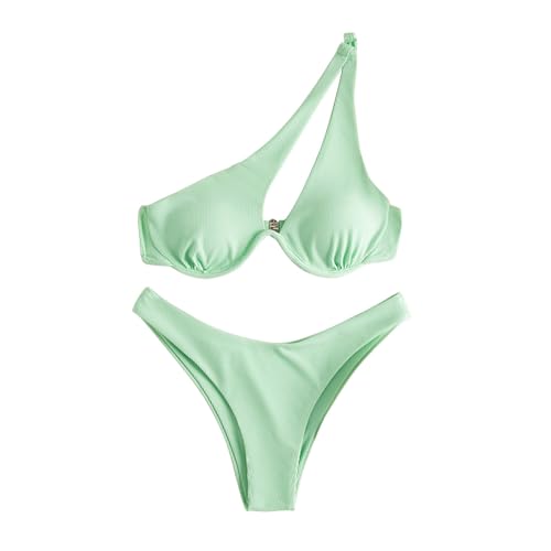 Genérico Verango BañAdor Mujer Ropa De BañO Conjuntos de Bikini para Mujer Top con un Hombro Recortado y Traje de baño de Dos Piezas con Cintura Media Verango BañAdor Mujer Ropa De BañO (Green, XS)