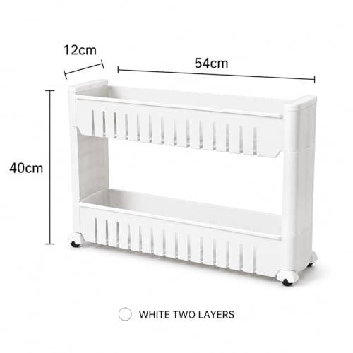 Image of JD FRESH 2-Tier Slim Rolling Storage Organizer Rack /Fridge Side Storage Rack /Plastic Trolley Storage Stand with Wheels /Floor Standing Cabinet for Bathroom and Kitchen Corner Area (White)